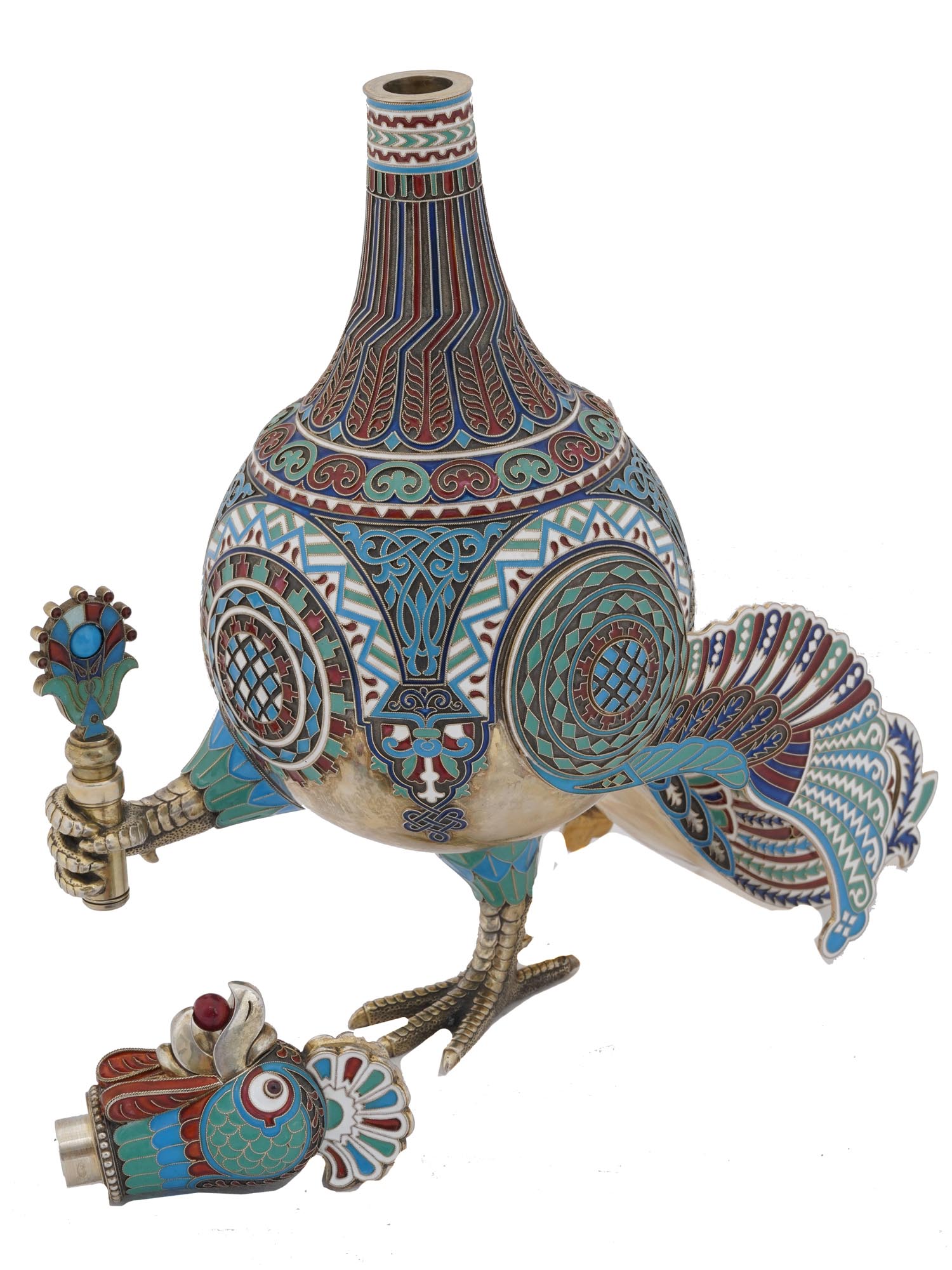 RUSSIAN GILT SILVER ENAMEL PEACOCK VODKA SET PIC-8